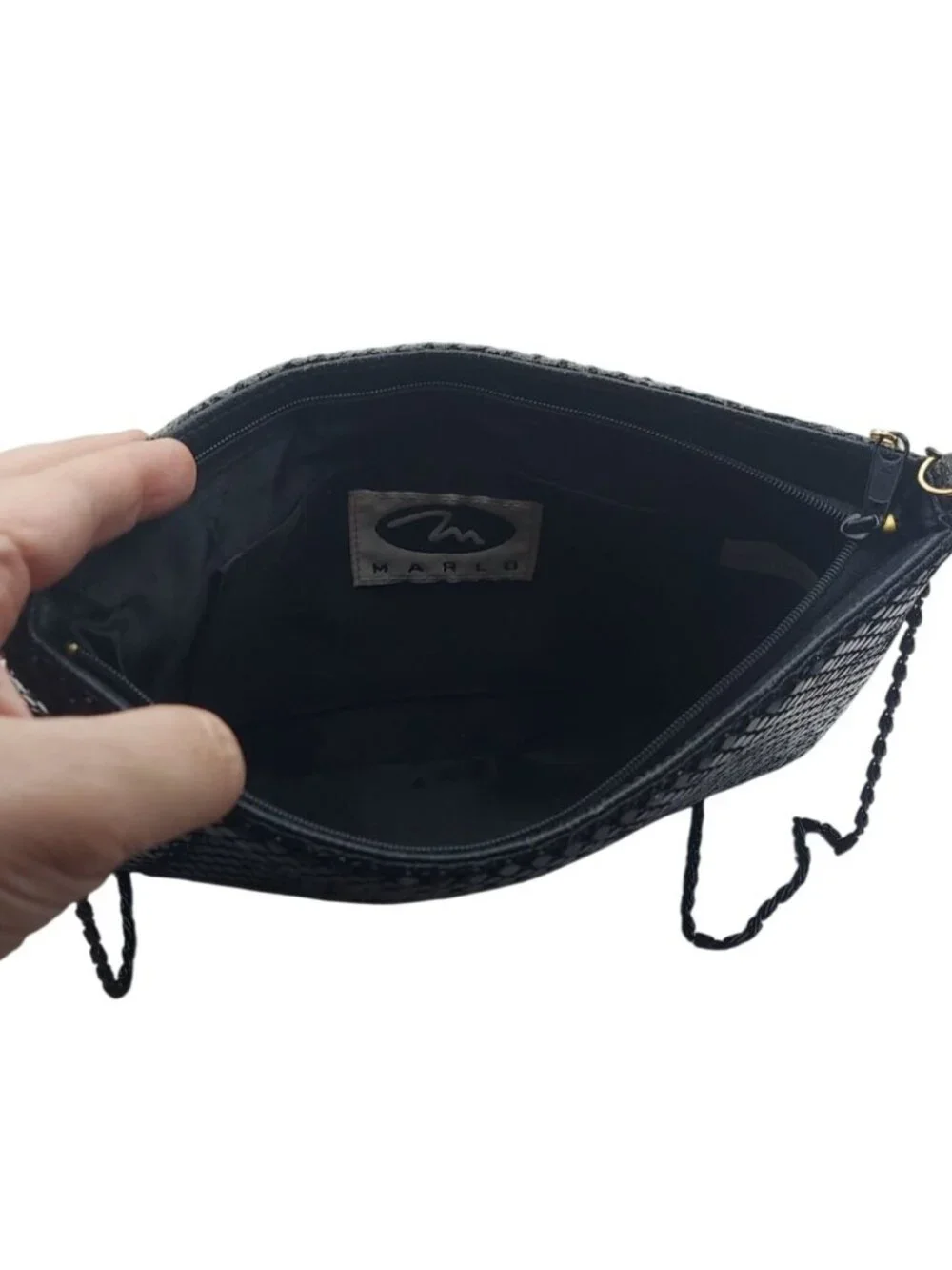 Marlo Black Mesh Metallic Evening Bag Purse Chain Strap Zip Closure Inner Pocket
